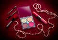 Makeup cosmetic kit on a dark red background Royalty Free Stock Photo